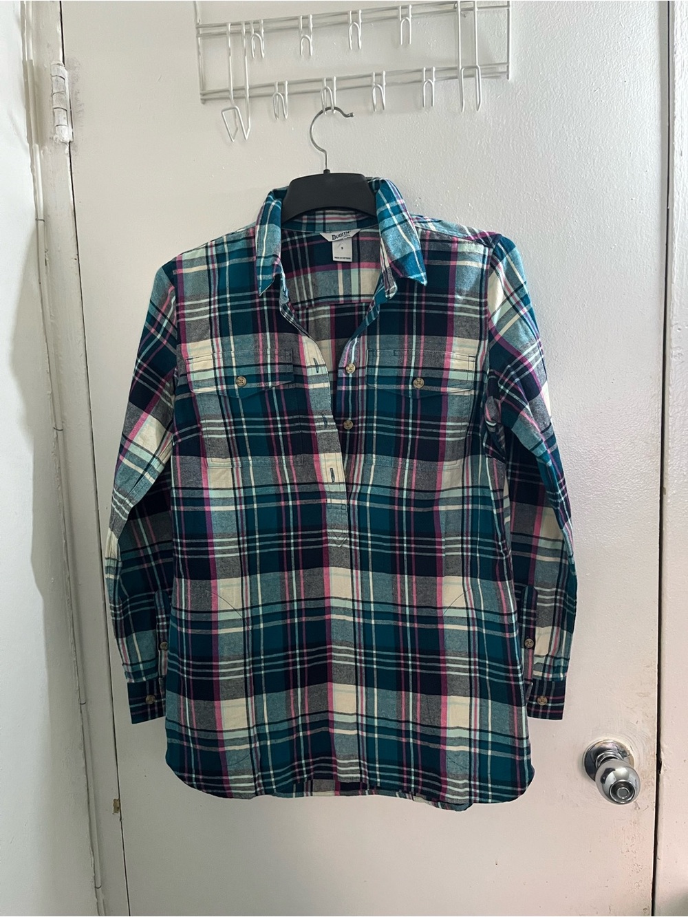 Duluth Trading Co Teal Navy Cream Plaid Button-Down Shirt